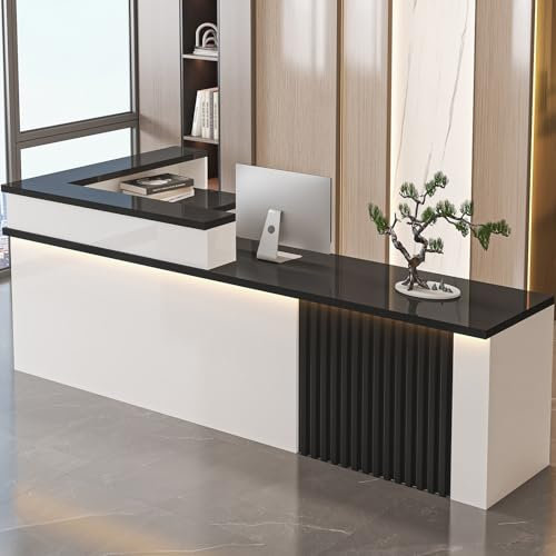 YQMHEZ Große Front, Empfangstheke, Rezeptionstheken mit Tresen Und LED-Beleuchtung, Computer-Empfangstisch Aus Holz mit Abschließbarer Schublade(White+Black)