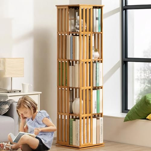 MDDKOP 360° Drehbares Bambus-Bücherregal, 5 - stufiges Drehbares Bücherregal, Bodenstehendes Drehbares Bücherregal, Aufbewahrungsregal, Bücherregal-Turm-Organizer für Wohnzimmer, Arbeitszimmer, Büro(W