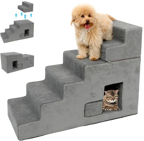 Hundetreppe für kleine Hunde, 68 cm hoch, 6-stufige Hundetreppe für Hochbett, hochdichter Schaumstoff, Haustiertreppe mit rutschfestem, abnehmbarem, waschbarem Bezug zum Aufstehen auf das Bett