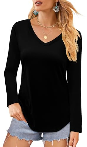 Elesomo Women's Plain Basic V Neck Long Sleeve T Shirts Casual Cotton Tops, Black 16