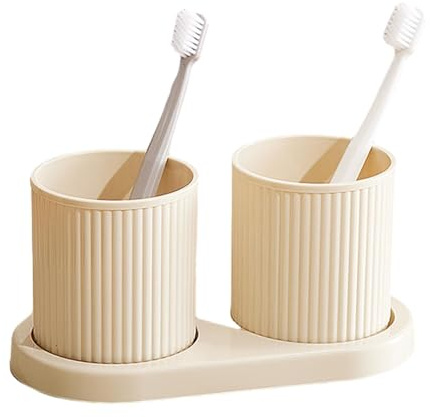 Couple Toothbrush Cup 2Pcs, with Tray Thickened Drinking Mug Reusable Toothbrush Mouthwash Cup, Plastic Bathroom Counter Organizer(Beige)