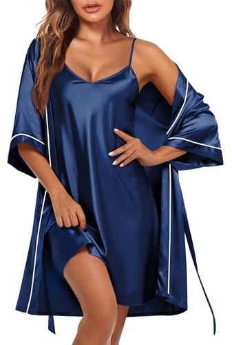 Ekouaer Women's Satin Robe 2 Piece Silky Pajama Set Nightgown with Robe Bridal Party Bathrobe Sexy Nightwear