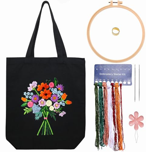 CREAWONDER Leinwand-Tote-Bag-Stickerei-Set mit Muster für Anfänger, Kunst- und DIY-Stickerei-Bastelsets für Erwachsene, einschließlich Anleitung, Stickrahmen, Farbfäden und Werkzeug