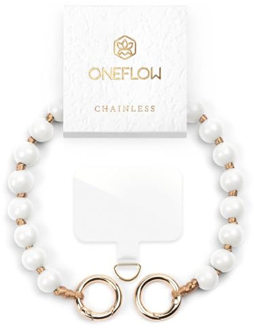 ONEFLOW Holzperlen Handyanhänger fürs Handgelenk, Universal Handykette kurz Handschlaufe, Handyband Abnehmbar für Handy Hüllen, Anhänger Holz Kette mit Perlen, Chainless Terra Chain, Weiß