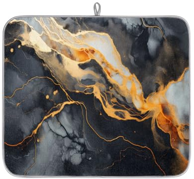 Black Gold Marble Texture Absorbent Dish Drying Mat for Kitchen Counter, Reversible Microfiber Dish Drying Pad with Hanging Loop for Glassware Utensils Pots 16x18 in