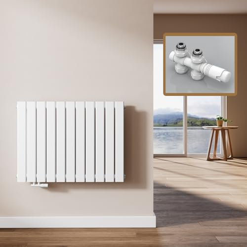 EMKE Radiatore Design, 63 x 85 cm, Radiatore Piatto da Parete in Acciaio, Doppio Pannello, Attacco Centrale, Bianco, 1136W (valvole incluse)