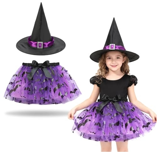 FOSDICK Deguisement Halloween Fille Tutu Chapeau Sorciere, Deguisement Sorciere Fille Petite, Costume sorciere Enfant Jupe en Tulle Witch Hat pour Halloween Carnaval Cosplay Party (Noir, Violet)
