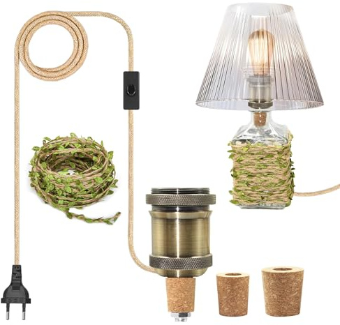 ZRLXFM Lampenfassung für Flaschen E27, Tischlampe mit Schalter und 240cm Hanfseil Kabel für Flaschen, Bronze Retro E27 Tischlampenfassung Flaschenlampen DIY Mit Wear A Small 5m Green Leaf Hemp Rope