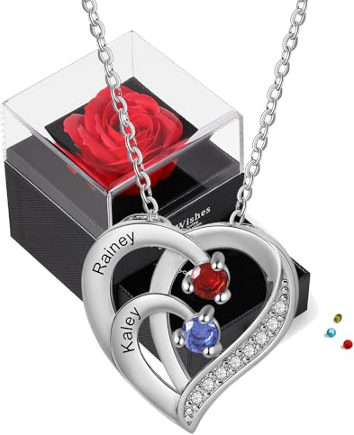 Preserved Real Rose Gift Box with 925 Sterling Silver Necklace - Personalised Women's Heart Necklace with Name Birthstone - Gift for Christmas, Valentine's Day, Mother's Day,Birthdays (Silver-2 name)