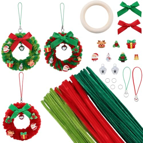 SUNNYCLUE 154 Stück Weihnachts Pfeifenreiniger Pfeifenreiniger Bastelset Mit Video Tutorial Rot Grüne Chenille Stiele Glocke Weihnachtsmann Weihnachtsbaum Cabochons Mini Kranz Ornamente Für DIY Kunsth
