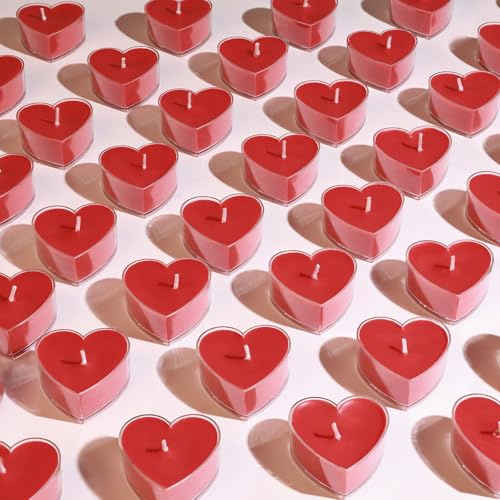 50 Stücke Rote Herzkerzen, Herzförmige Teelichter 4h Brenndauer | Romantische Kleine Kerzen aus Pflanzenwachs, Perfekte Herz Deko für Valentinstag, Heiratsantrag, Hochzeit & Party