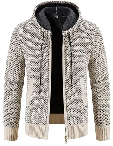 Tjock stickad cardigan för män – fleecefodrad tröja med hel dragkedja, vinter tjocka stickade ytterkläder med fickor stickade vinterrock ytterkläder, BEIgE, 3XL