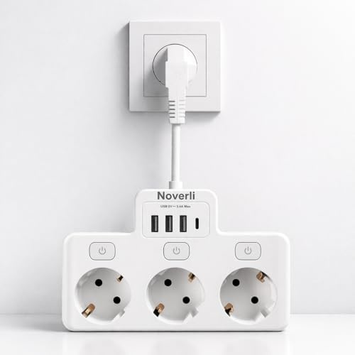 Noverli Mehrfachsteckdose mit 3 Steckdosen & 3 Einzel-Schaltern, 4 USB Ports (3×USB-A + 1×Type-C, 5V/3.4A), Steckdosenleiste 16A/3680W, Kindersicherung, Kompakte Schuko Verlängerung für Zuhause & Büro