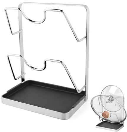 Nexlynk 304 Stainless Steel Kitchen Pot Lid Storage Rack, Double-layer Pot Lid Holder With Tray, Lid Holder While Cooking, Lid And Spoon Rest, Multifunctional Kitchen Organizer Stand For Stove Top