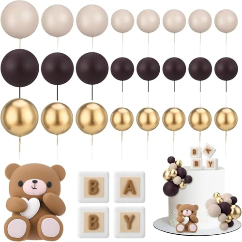 Tortendeko Baby 29 Stück Tortendeko Bär Torten Deko Kugeln Braun Kuchen Deko Babyparty Cake Topper für Gender Reveal Partyzubehör, Geburtstag, Feierlichkeiten