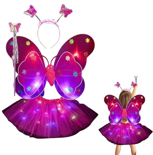 Feenkleid für Kinder | Fairy Princess Dress Up Set mit Flügel, LED Leuchtstab und Stirnband für Mädchen zum Ankleiden und Tanzen