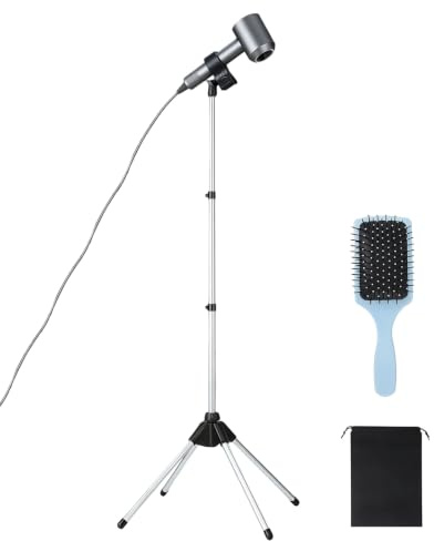 Supporto per asciugacapelli da terra: regolabile in altezza 75 – 150 cm, supporto asciugacapelli senza foratura, supporto regolabile a 180° con pettine per capelli, supporto per asciugacapelli