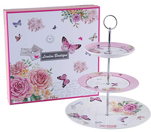 London Boutique Soporte para tartas, soporte para té de la tarde, soporte para tartas de 3 niveles, diseño vintage de flora, mariposa, plato de servir de porcelana china para fiesta de té, regalo para