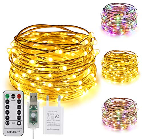 ErChen USB Strom-betrieben Zweifarbige Led Lichterketten, 33 FT 100 Leds Farbe ändern Dimmbar 8 Modi Silber Kupfer Draht-Lichterketten mit Fernbedienung Timer für Innen Außen (Warmweiß, Mehrfarbig)
