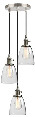 Phansthy Pendelleuchte 3 Flaming Glocken Klar Glas Hängeleuchte Vintage Hängelampen Retro Design Modernes Hängeleuchte Pendelleuchten Loft-Pendelleuchte im Landstil (Gebürsteter Edelstahl Farbe)