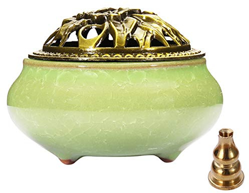 Miupoo Stick Incense Burner and Cone Incense Holder with Brass Incense Stick Holder Ceramic Ash Catcher (Light Green)