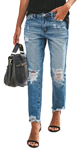 ORANDESIGNE Femme Jeans Déchiré Push Up Skinny Slim Fit Stretch Boyfriend Denim Pantalon Jeggings Troué Pantalons Casual Rétro Pants A Bleu L