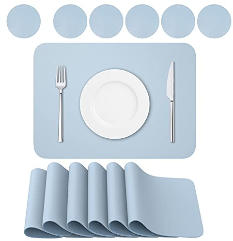 BANNIO 6er Set Tischsets abwaschbar,Abwischbar Lederoptik Platzset und Untersetzer,Wasserdicht PVC Platzdeckchen Tischset für Hause Küche Restaurant und Hotel,41x31cm,Hellblau