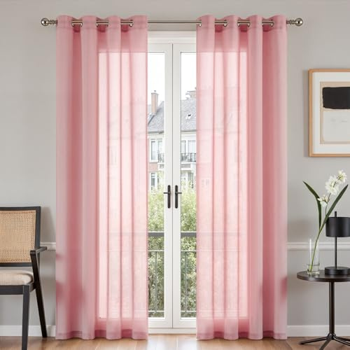 TOPICK Gardinenschals Leinenoptik mit Ösen Gardinen 2er Set Rosa H213xB140 | Transparent Voile Vorhang Wohnzimmer Ösenschals Schlafzimmer curtains living room übergardinen ösenvorhang fenstergardinen