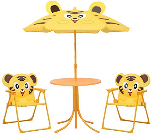 Festnight Tavolo da Giardino con Sedie, Set da Bistrot da Giardino per Bambini con Ombrellone Giallo, Tavolino da Balcone