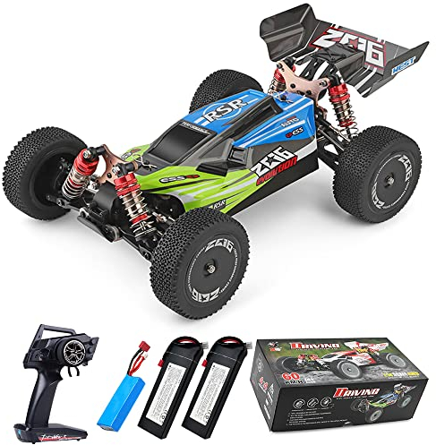 Teeggi WLtoys 144001 Ferngesteuertes Auto, 2600mAh Batterie Aufrüsten 1/14 RC Geländewagen 4WD 60KM/H RC Hohe Geschwindigkeit Offroad Drift 45 Min Fahrvergnügen 3 Batterien (Blau)