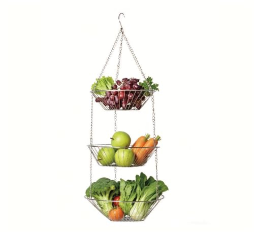 MEETOZ 3-Tier Hanging Basket Heavy Duty Wire, Vegetable and Fruit Storage –Wire Hanging Baskets for Kitchen Counter Space Saver, Round.