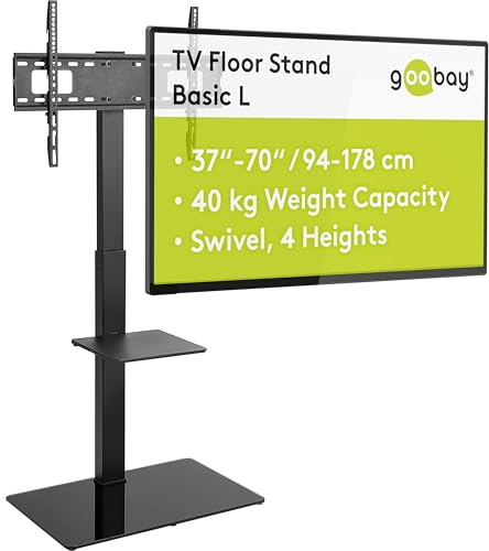 goobay TV-Bodenständer 37–70 Zoll, schwenkbar ±35°, höhenverstellbar, VESA 600x400, bis 40 kg, Glasfuß – 58526