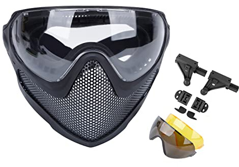 Dual-Mode Airsoft Paintball Mask Full Face Steel Mesh Mask with 3 Interchangable Lens Goggles, FAST Tactical Helmet Accessories
