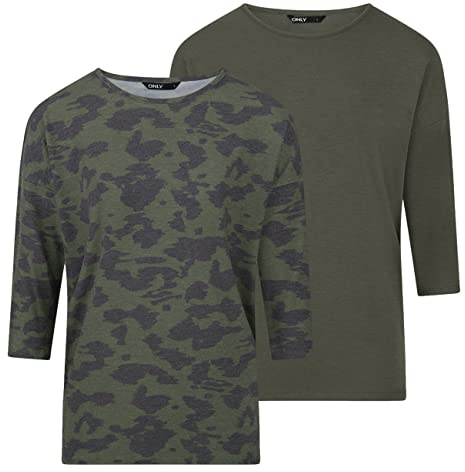 ONLY Damtopp ONLGLAMOUR 2-pack 3/4 ärmar basic skjorta rund hals lös passform långärmad tröja topp mönster tryck sommar XS S M L XL XXL svart grön grå, Druvblad (15289509), S