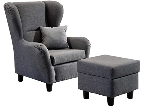 Gemütlicher Ohrensessel mit Hocker im Landhaus-Stil, B90/H98/T76 cm, hoher Sitzkomfort durch Wellenunterfederung, moderner Lesesessel mit Echtholzfüßen und Zierkissen, Strukturstoff in Grau / 18001