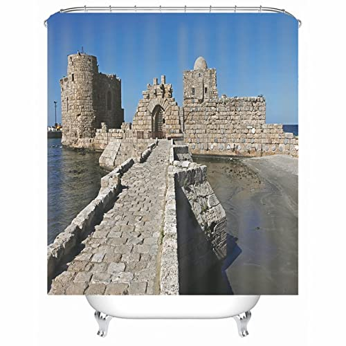 Whoiy Duschvorhang Polyester Schwer, Duschvorhang Eckbadewanne 165X180cm Shower Curtains Die Architektur Grau Waschbar Wasserdicht