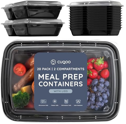 CUQOO Meal Prep Containers – 20 Pack 2 Compartment Lunch Boxes & Food Storage Containers with Lids – Reusable, BPA-Free, Stackable, Microwave & Freezer Safe