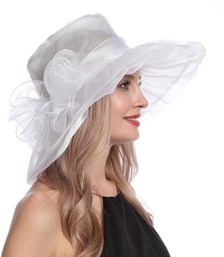 Michear Organza-Sonnenhut, für Kirche, Party, Hochzeit, Fascinator, atmungsaktiv, breite Krempe, Strandhut, Schleife, Partyhut, eleganter Pillbox-Hut, Retro-Fedoras, weiß, 49