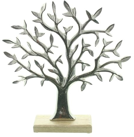 FRANK FLECHTWAREN Baum Silber, Aluminiumguss, Mangoholz, naturbelassen, möbelschonende Kunststoffnoppen Maße: Höhe 31 cm