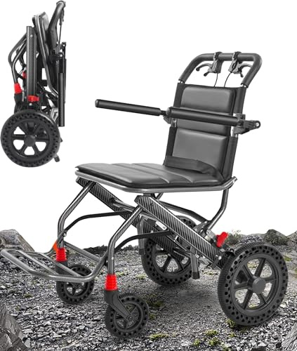 BOTOWI Fauteuil Roulant de Transport Portable Ealuminium avec Siège Large, Roues Arrière 12, Conception de Chariot, Fauteuil Roulant de Voyage Pliant Compact Ultraléger pour Adultes/Enfants