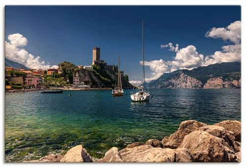 ARTLAND Wanddeko Leinwand Bilder Wandbild 90x60 cm Mediterran Landschaften Idyll Burg Boot Gardasee Italien U4VN