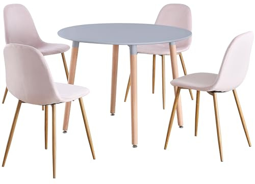 Charles Jacobs Circular 4 Seat Round Dinner Table and Chair Scandi Kitchen Dining Room Set - Grey Table & Pink Velvet Chairs