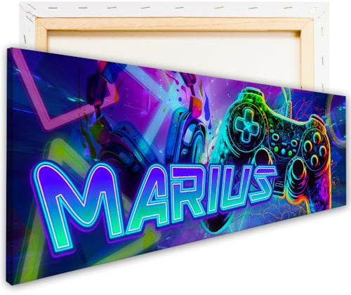 tjapalo® vz122 Leinwandbild mit Namen Gamer Bild mit Namen personalisiert gaming Wanddeko gamer Bild für die Wand Wandbild Jugendzimmer Bilder gaming zimmer Bilder für Teenager, Größen Name: B60xH20cm