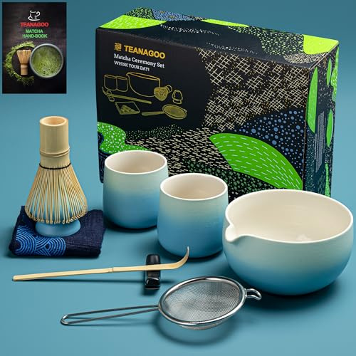TEANAGOO Matcha Visp Set Matcha Bowl med pip Bambu Matcha Whisk Scoop Matcha Vis Holding Tea Making Kit. 1 japansk teservis, 7 st, +2 koppar (7.2 oz), S31, Gradient Blue