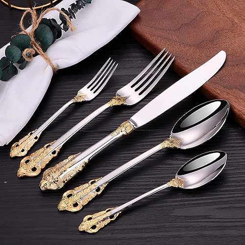 Luxury Silver and Gold Cutlery Set – 30-Piece – 18/10 Stainless-Steel Flatware – Fine-Dining Tableware with Forks, Spoons & Knives – Includes Dessert Forks & Dessert Knives – Konigtum