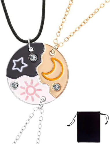 KSJEHW 3 Stücke Halskette Freundschaftskette, Bff Ketten für 3 Mädchen, Sonne Sternen Mond Halskette Lang für Frauen, Kristall Kette Anhänger Geschenk Personalisierter Schmuck(Silber Gold Schwarz)