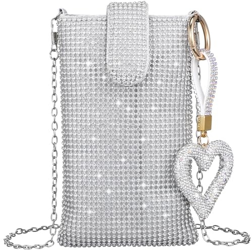 VALICLUD Damen Umhängetasche Silber Kleine Handytasche Mit Herz Schlüsselanhänger Leichte Schultertasche Für Alltag Und Reisen 7.28X4.33X0.79In
