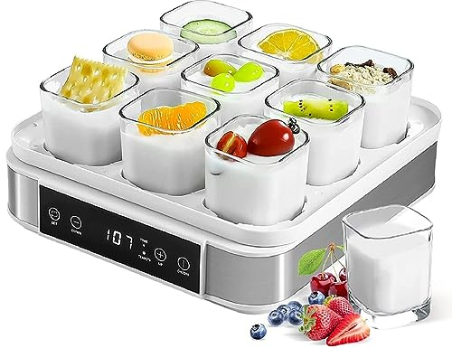 Máquina de yogurt Natto - Control de temperatura y tiempo ajustable - Máquina de vino de arroz de acero inoxidable - 9 tarros de vidrio - Home Natto Maker