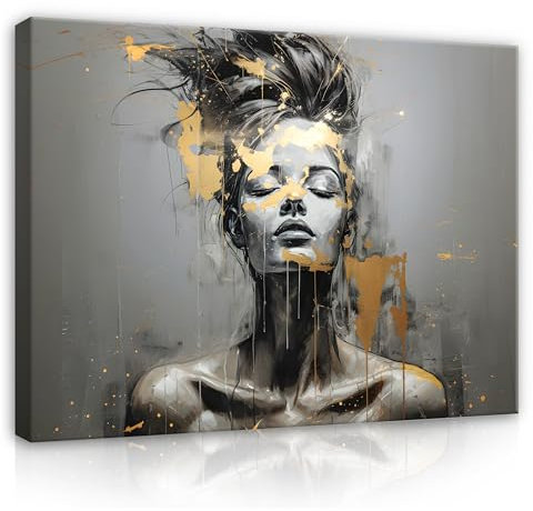 Cuadros de Salón Abstractos Mujer Oro Gris 60 x 40 cm - Moderno Lienzo Grande XXL Dormitorio Impresión Mural Diseño Listo para Colgar