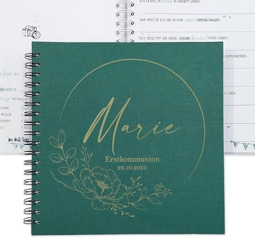 Feenstaub Gästebuch Konfirmation mit Fragen, Ringbuch 25x25 cm, mit Namen personalisiert, für Kommunion, Jugendweihe und Firmung, Erinnerungsbuch zum Ausfüllen aus echtem Leinen, Gästebuch